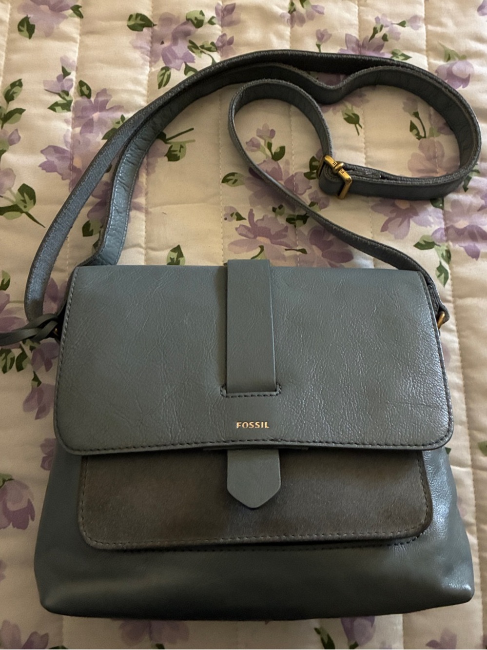 Fossil Dusty Blue Leather Crossbody Bag